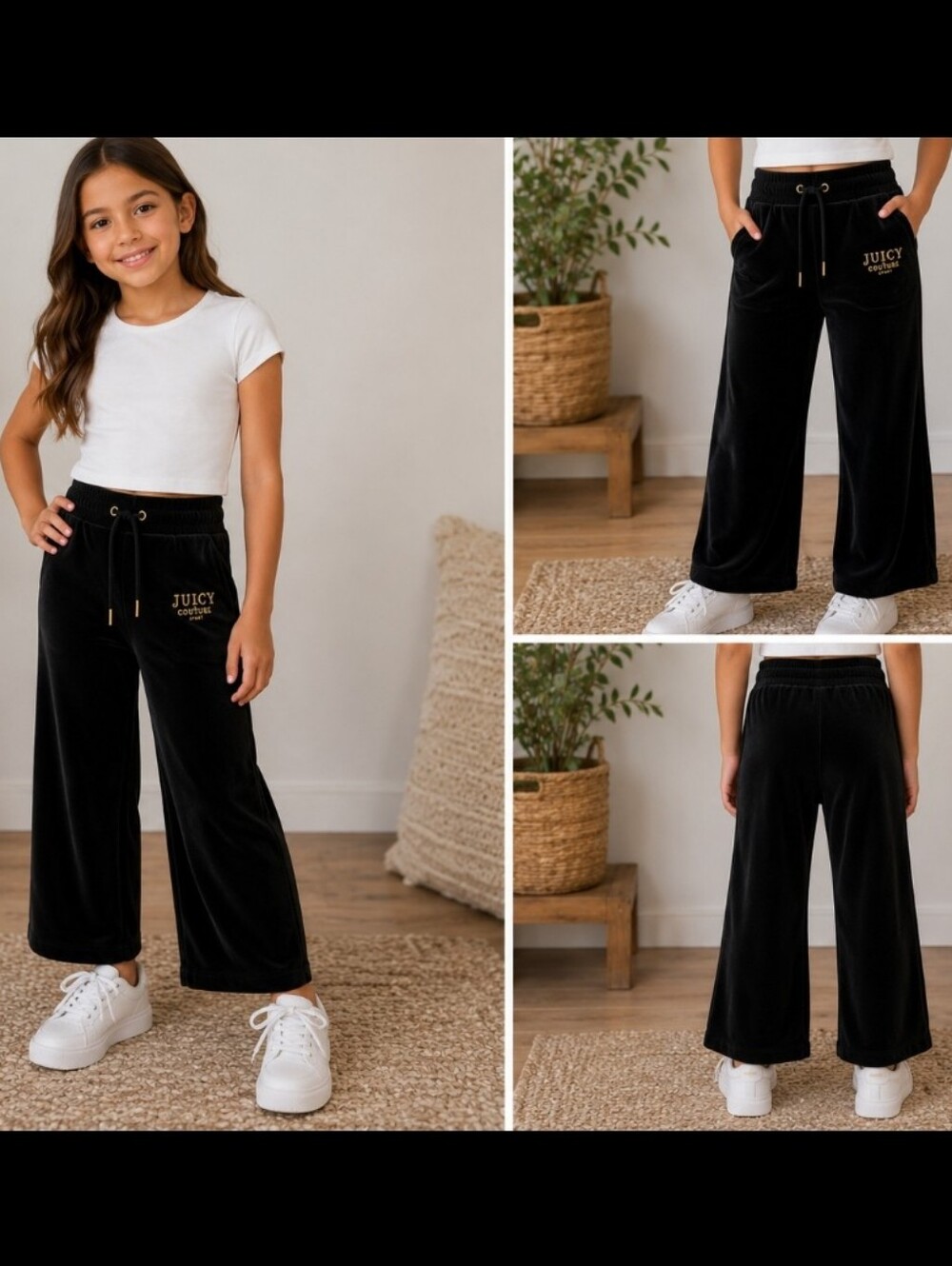 3/$15 Justice Black Velvet Sweatpants with Gold Accent Tips